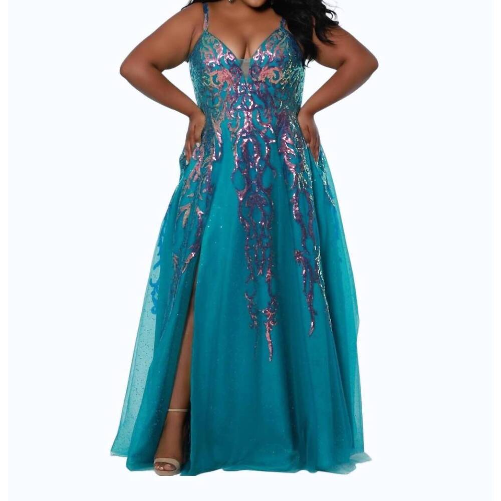 NEW SYDNEY'S CLOSET sequin applique tulle gown - plus in jade